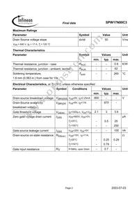 SPW17N80C3A Datasheet Page 2